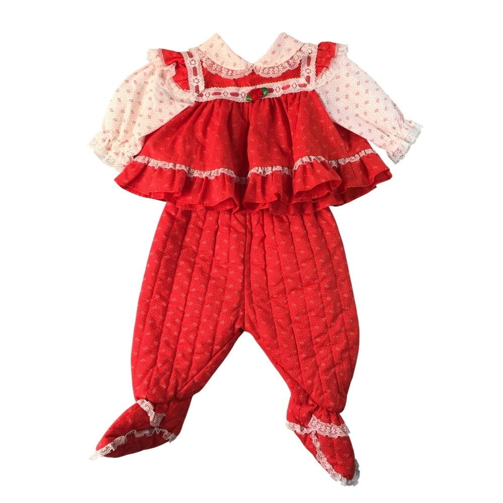 Vintage 2-Piece Baby Outfit 3-6 Months Red Quilted Footed Pants Ruffle Top
